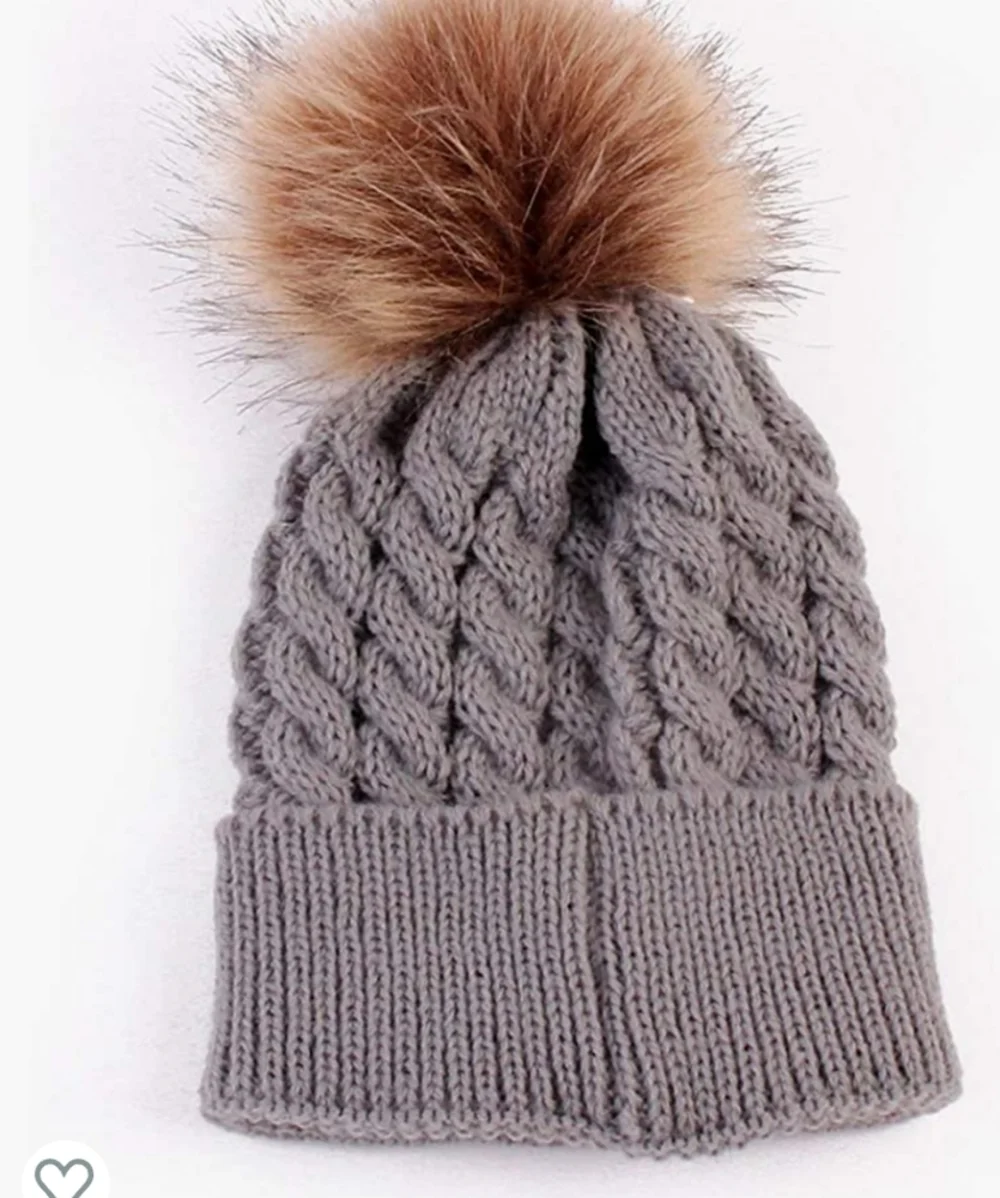 Blue Gray Knit Baby Beanie with Faux Fur Pom